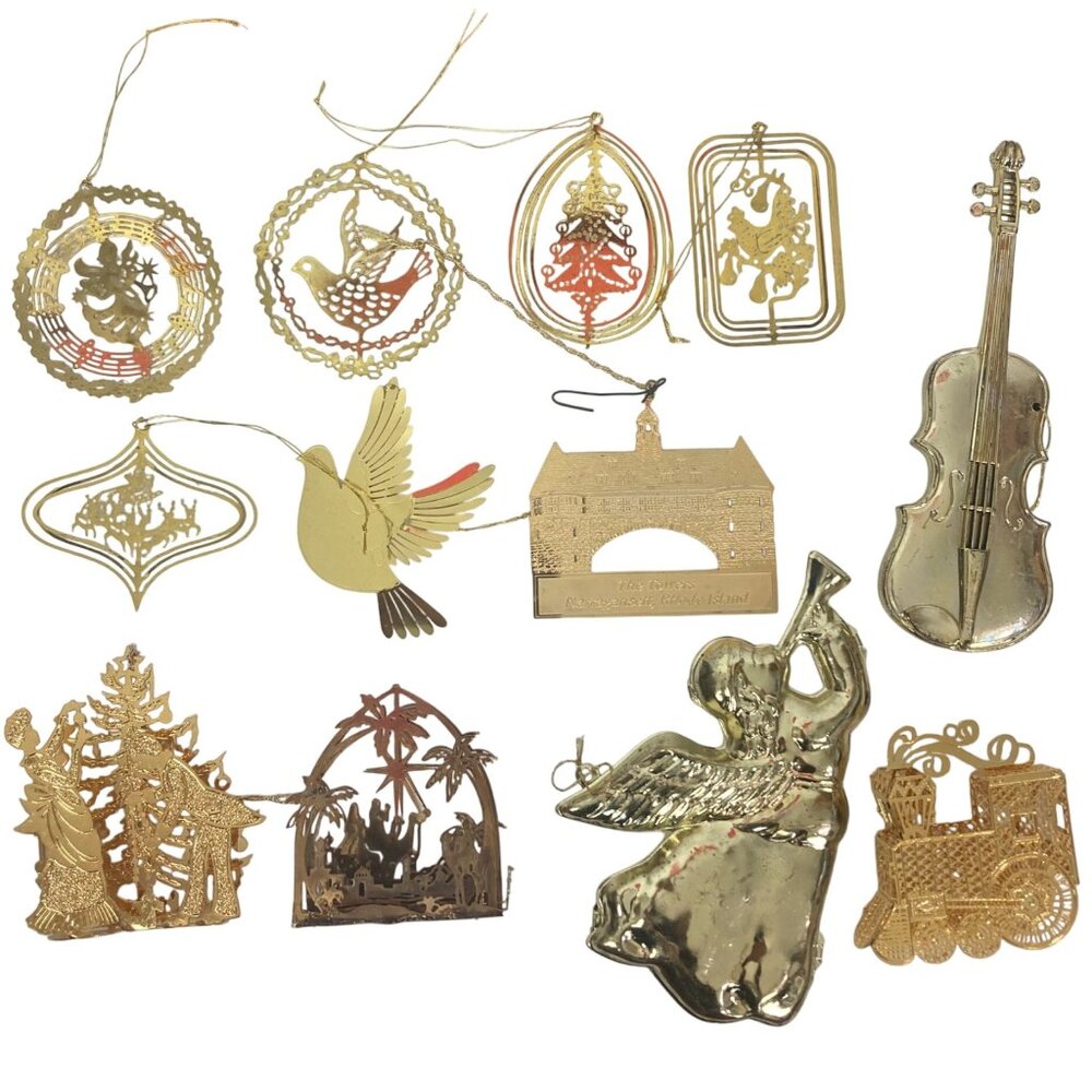 Vintage Gold Tone Christmas Ornaments Mixed Lot Of 12 Some Gold Plated Napco